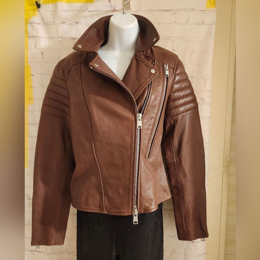 AllSaints “Alder Biker" Brown Buttery Leather Moto Jacket US 6/ EU 38 Ret. $499